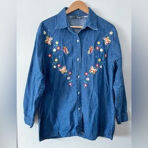 Vintage Embroidered Denim Shirt with Butterfly Design